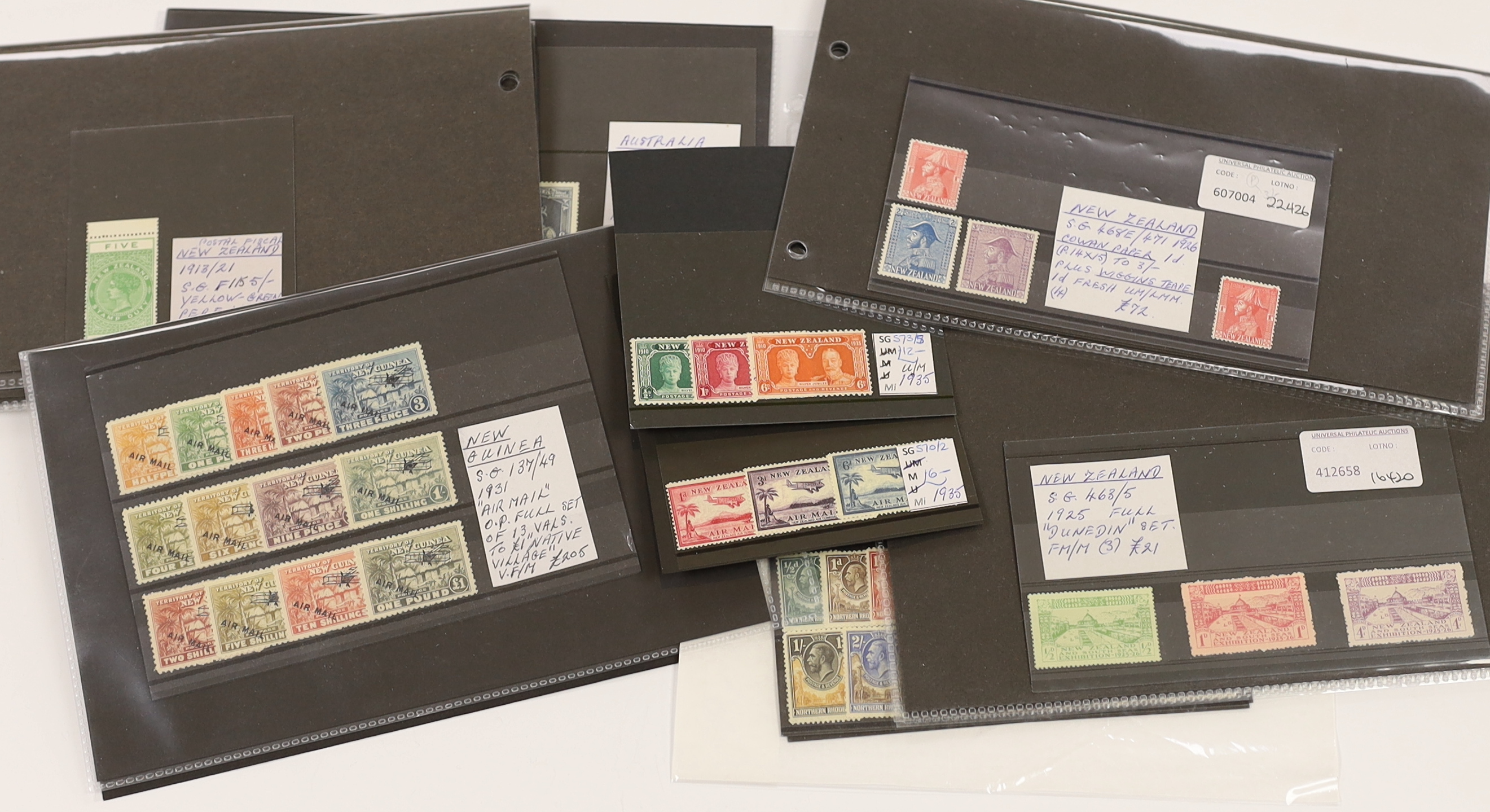 Various stamps including New Guinea 1931 both Overprinted air sets, 1935 £2, 1939 set to £1, New Zealand Q.V. Postal Fiscals to 5/- (2), 6/- and 10/-, 1902 2/- marginal block, Rhodesia 1905 Falls set, Northern Rhodesia 1